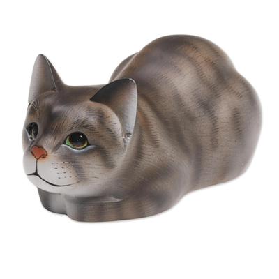 Wood sculpture, 'Resting Kitty' - Resting Wood Cat Sculpture in Grey and White from Bali
