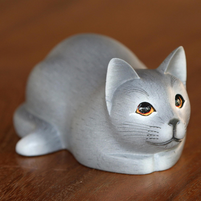 Wood sculpture, 'Resting Kitty in Grey' - Hand-Carved Resting Wood Cat Sculpture in Grey from Bali