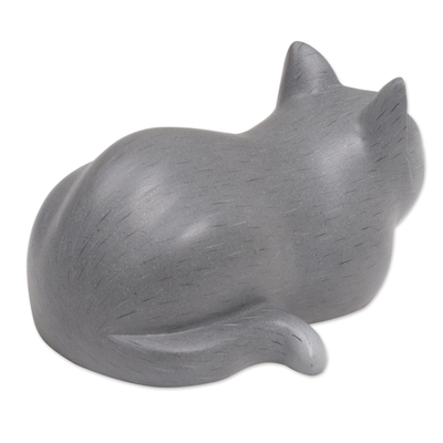 Wood sculpture, 'Resting Kitty in Grey' - Hand-Carved Resting Wood Cat Sculpture in Grey from Bali