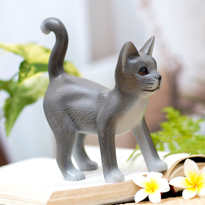 Standing Wood Kitten Figurine in Grey and White from Bali - Curious Cat