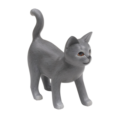 Wood figurine, 'Curious Cat' - Standing Wood Kitten Figurine in Grey and White from Bali