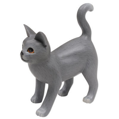 Standing Wood Kitten Figurine in Grey and White from Bali