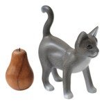 Wood figurine, 'Curious Cat' - Standing Wood Kitten Figurine in Grey and White from Bali