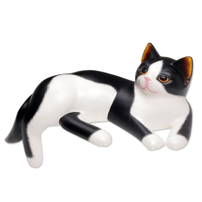 Lounging Black and White Wood Cat Sculpture from Bali