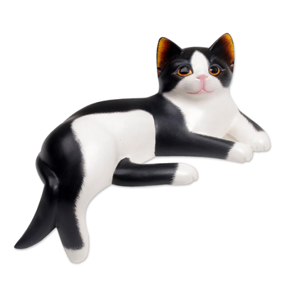 Wood sculpture, 'Lounging Kitty' - Lounging Black and White Wood Cat Sculpture from Bali