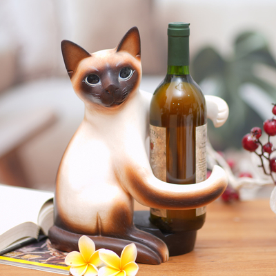 Wood wine holder, 'Siamese Cat Hug' - Handcrafted Wood Siamese Cat Wine Holder from Bali