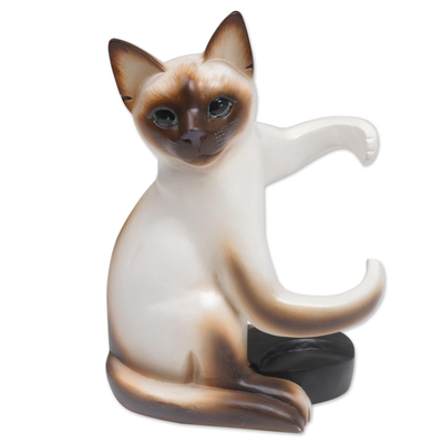 Handcrafted Wood Siamese Cat Wine Holder from Bali