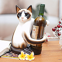 Wood wine holder, 'Cat Hug' - Artisan Handcrafted Wood Cat Wine Holder from Bali