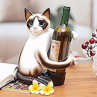 Wood wine holder, 'Cat Hug'