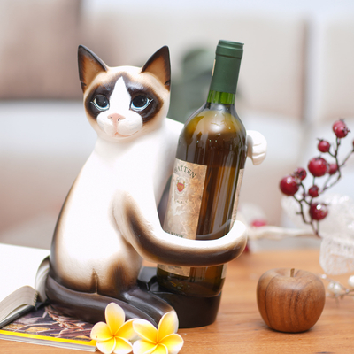 Weinhalter aus Holz - Handgefertigter Katzen-Weinhalter aus Holz aus Bali