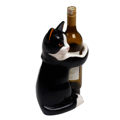 Hand Carved Black and White Cat Figurine Wine Holder - Kitty Clasp