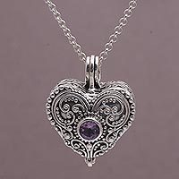 Amethyst heart locket necklace, 'Love Memento'