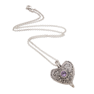Amethyst heart locket necklace, 'Love Memento' - Heart Shaped Sterling Silver and Amethyst Locket Necklace