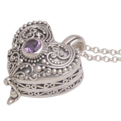 Amethyst heart locket necklace, 'Love Memento' - Heart Shaped Sterling Silver and Amethyst Locket Necklace