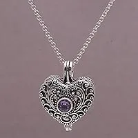 Amethyst heart locket necklace, 'Solitary Love'