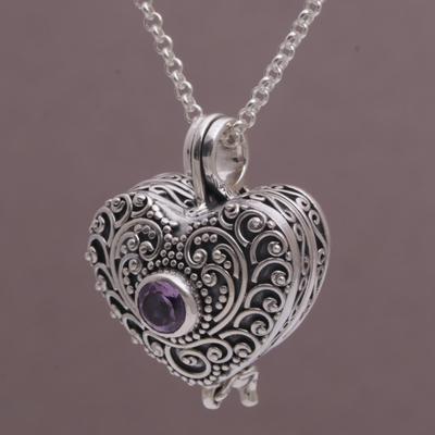 Collar con medallón de corazón de amatista - Collar de medallón de amatista en forma de corazón de plata esterlina