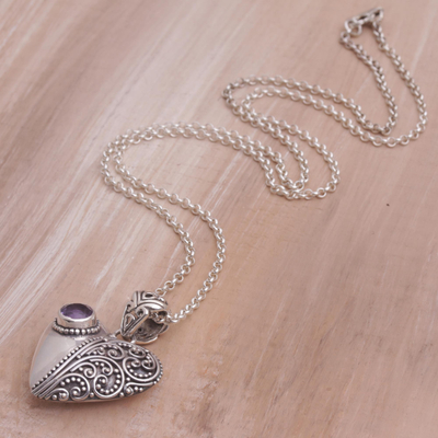 Amethyst pendant necklace, 'Swirling Passion' - Amethyst and Sterling Silver Heart Shaped Necklace