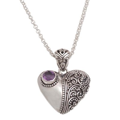 Amethyst pendant necklace, 'Swirling Passion' - Amethyst and Sterling Silver Heart Shaped Necklace