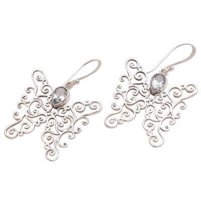 Blue topaz dangle earrings, 'Butterfly Swirls' - Blue Topaz and Sterling Silver Butterfly Earrings from Bali