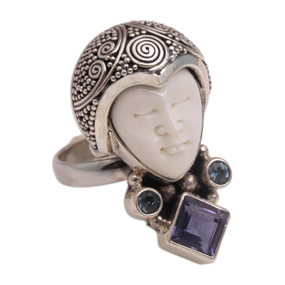 Amethyst and blue topaz cocktail ring, 'Honored Knight' - Amethyst and Blue Topaz Face Shaped Ring from Bali