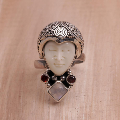 Rainbow moonstone and garnet cocktail ring, 'Honored Knight' - Rainbow Moonstone and Garnet Face Shaped Ring from Bali