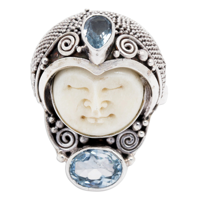 Blue topaz cocktail ring, 'Moonlight Prince' - Blue Topaz and 925 Silver Face Shaped Ring from Bali