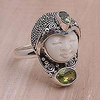 Peridot cocktail ring, 'Moonlight Prince' - Peridot and 925 Silver Face Shaped Cocktail Ring from Bali