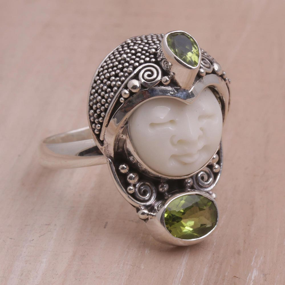 Peridot and 925 Silver Face Shaped Cocktail Ring from Bali - NOVICA