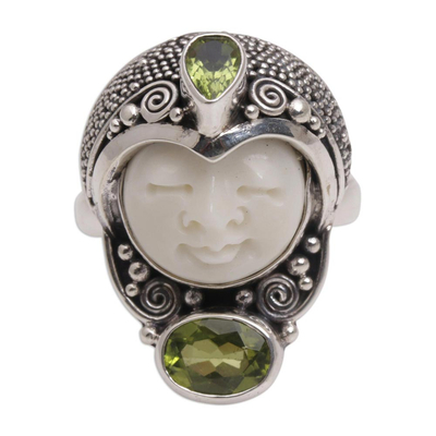 Peridot cocktail ring, 'Moonlight Prince' - Peridot and 925 Silver Face Shaped Cocktail Ring from Bali