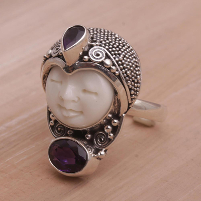 Amethyst-Cocktailring - Ring in Gesichtsform aus Amethyst und 925er Silber aus Bali