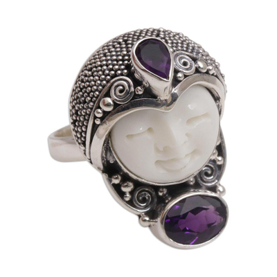 Amethyst cocktail ring, 'Moonlight Prince' - Amethyst and 925 Silver Face Shaped Ring from Bali