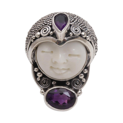 Amethyst cocktail ring, 'Moonlight Prince' - Amethyst and 925 Silver Face Shaped Ring from Bali