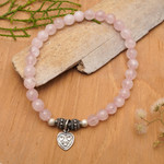Rose quartz beaded bracelet, 'Sentimental Charm' - Rose Quartz 925 Silver Heart Charm Bracelet from Bali