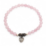 Rose quartz beaded bracelet, 'Sentimental Charm' - Rose Quartz 925 Silver Heart Charm Bracelet from Bali