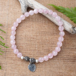 Rose quartz beaded bracelet, 'Sentimental Charm' - Rose Quartz 925 Silver Heart Charm Bracelet from Bali