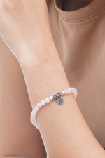 Rose quartz beaded bracelet, 'Sentimental Charm' - Rose Quartz 925 Silver Heart Charm Bracelet from Bali