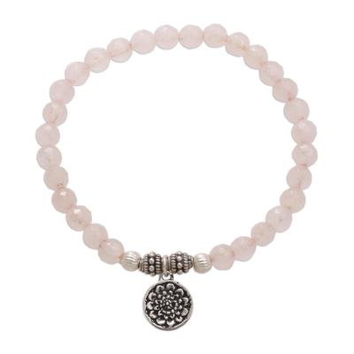 Rose Quartz and Floral Charm Beaded Bracelet from Bali