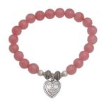 Agate beaded stretch bracelet, 'Sentimental Charm' - Pink Agate and Heart Charm Beaded Bracelet from Bali