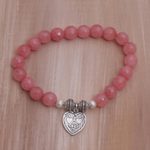Agate beaded stretch bracelet, 'Sentimental Charm' - Pink Agate and Heart Charm Beaded Bracelet from Bali