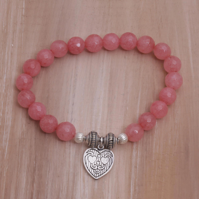 Agate beaded stretch bracelet, 'Sentimental Charm' - Pink Agate and Heart Charm Beaded Bracelet from Bali