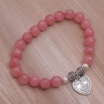 Agate beaded stretch bracelet, 'Sentimental Charm' - Pink Agate and Heart Charm Beaded Bracelet from Bali