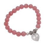 Agate beaded stretch bracelet, 'Sentimental Charm' - Pink Agate and Heart Charm Beaded Bracelet from Bali