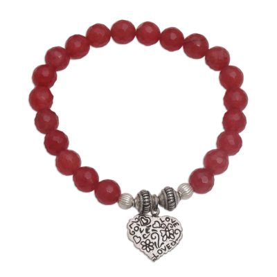 Red Agate and Heart Charm Beaded Bracelet from Bali