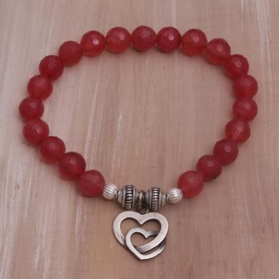 Agate beaded stretch bracelet, 'Love is Forever' - Rosy Agate and Heart Charm Beaded Bracelet from Bali