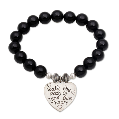 Onyx beaded stretch bracelet, 'Path of Love' - Onyx and 925 Silver Beaded Heart Stretch Bracelet from Bali