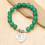 Agate beaded stretch bracelet, 'Path of Love' - Green Agate and Heart Charm Beaded Bracelet from Bali