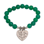 Agate beaded stretch bracelet, 'Path of Love' - Green Agate and Heart Charm Beaded Bracelet from Bali