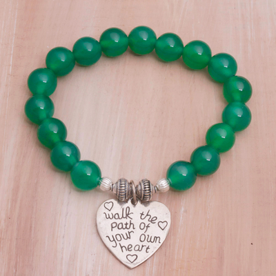 Agate beaded stretch bracelet, 'Path of Love' - Green Agate and Heart Charm Beaded Bracelet from Bali