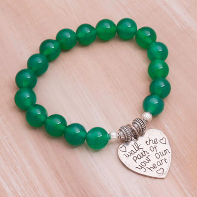 Agate beaded stretch bracelet, 'Path of Love' - Green Agate and Heart Charm Beaded Bracelet from Bali