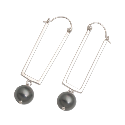 Cultured pearl dangle earrings, 'Modern Sphere' - Hand Crafted Cultured Grey Pearl Dangle Earrings from Bali